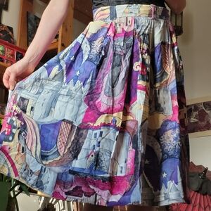Como Vintage Colorful Fairytale Castle Abstract Print Midi Skirt - Size 4